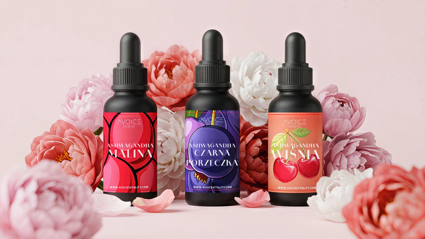Naturalna ashwagandha w kroplach na stres, 3 smaki w butelkach 50ml.